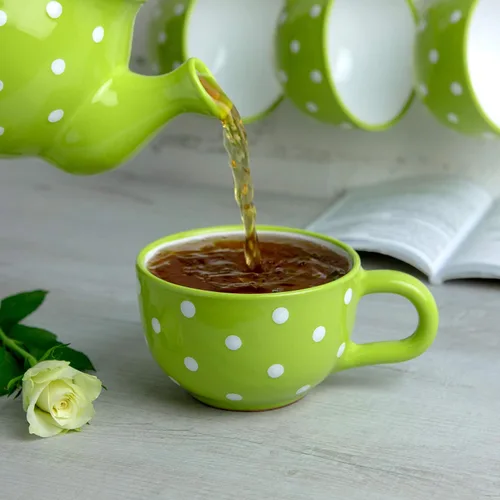Miniatura 4 de City to Cottage Taza de cerámica hecha a mano, diseño de lunares verde lima y blanco, extra grande de 17.5 onzas, capuchino de cerámica, café, té
