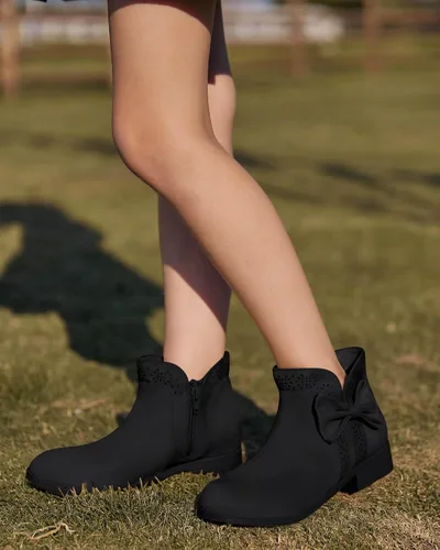 Miniatura 2 de Botas de tobillo con nudo de lazo para niñas y niños, gamuza sintética, corte en V, tacón bajo apilado, cremallera lateral, zapatos Chelsea