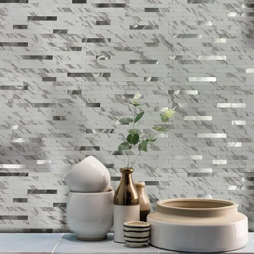 Miniatura 3 de XUANINY Azulejos de 10 hojas de azulejos en muro para salpicaduras, calcomanías de cocina de mármol blanco de PVC sintético, paneles de pared