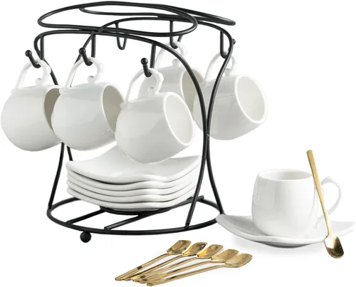 LYEOBOH Juego de tazas de café expreso con platillos, tazas de café de porcelana y soporte de metal y cucharas, tazas pequeñas Demitasse para