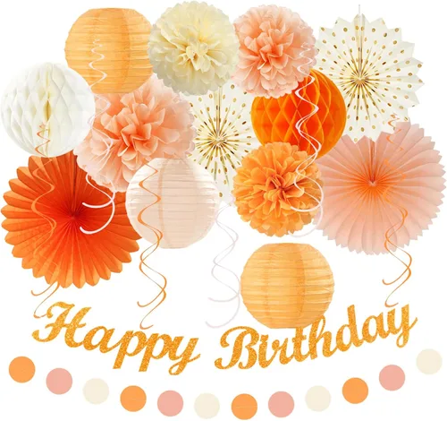 Miniatura 17 de Paquete de decoración de fiesta de cumpleaños para mujeres y hombres - 21 piezas. Banner feliz, papel de banderines, linternas de panal, pompones