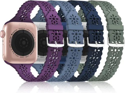 Bandiction - Paquete de 4 correas de silicona de encaje compatibles con Apple Watch de 38mm 40mm 41mm 42mm 44mm 45mm 46mm 49mm, correa delgada y