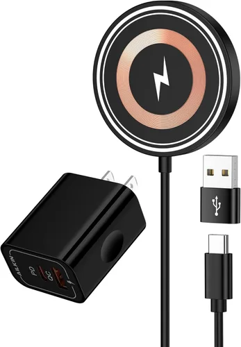Cargador MagSafe para iPhone 17e 16 15 14 13 12 Pro Series, almohadilla de carga inalámbrica magnética de 15 W con cable USB-C y adaptador de pared,
