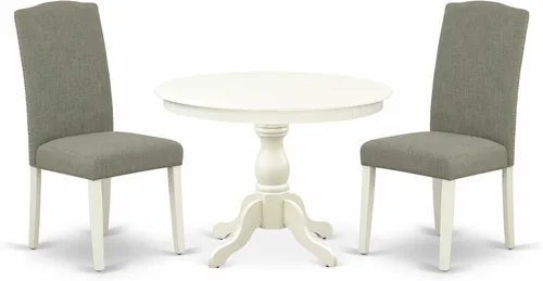 East West Furniture HBEN3-LWH-06 - Juego de mesa de comedor de 3 piezas que contiene una mesa de comedor redonda con pedestal y 2 sillas Parsons de