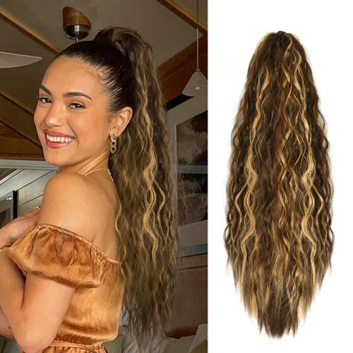 Miniatura 8 de YEAME Extensión de cola de caballo ondulada con clip de garra, cola de caballo de 22 pulgadas, pelo sintético castaño mezclado con rubio, cola