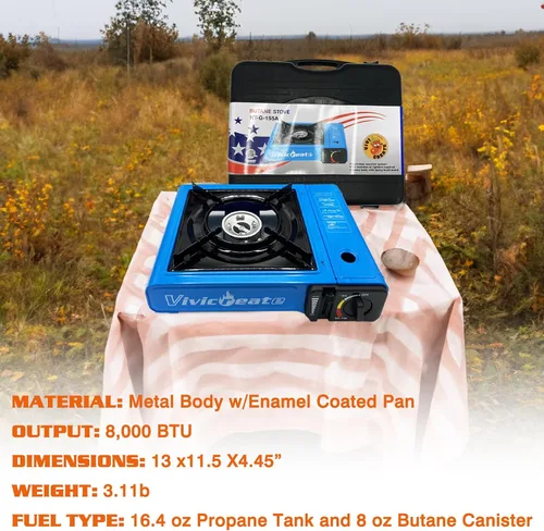 Miniatura 6 de Vivicreate Estufa de butano portátil de 7000 BTU, estufa de butano con encendido automático para campamento, quemador de gas portátil ligero con Azul