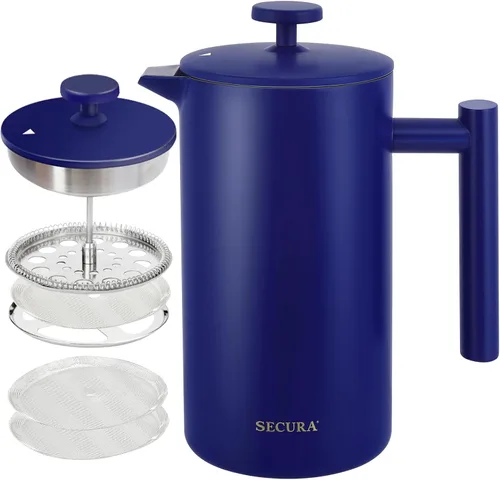 Secura Cafetera de Prensa Francesa, Prensa de Café de Acero Inoxidable de Doble Pared Grado 304 con 2 Filtros Adicionales, 34 oz (1L), Azul