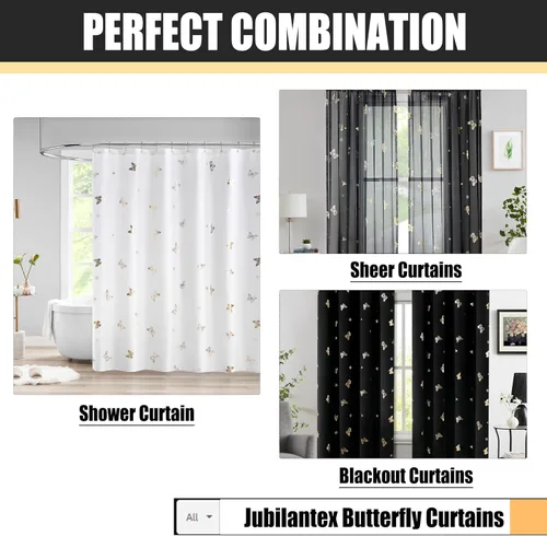 Miniatura 7 de Jubilantex Paneles de cortinas transparentes de mariposas negras y doradas de 52 pulgadas de ancho para dormitorio de niñas, elegantes cortinas