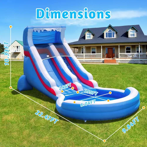 Miniatura 3 de Tobogán acuático inflable de grado para niños de 22 pies con gran piscina de salpicaduras, parque acuático azul resistente para niños con soplador