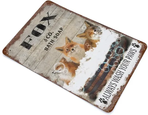 Miniatura 3 de Placa colgante de hierro vintage con diseño de zorro, letrero de hojalata vintage con texto en inglés "Wash Your Paws", letrero de metal para bar