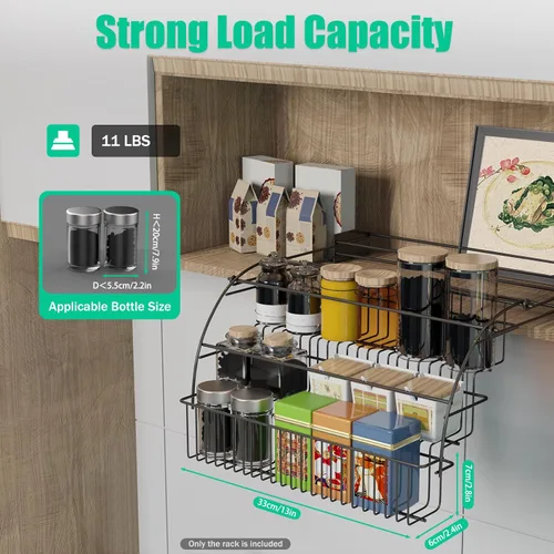 Miniatura 4 de Estante de especias desplegable de 3 niveles, organizador de almacenamiento de cocina de gran capacidad, barandilla elevada y placa de montaje