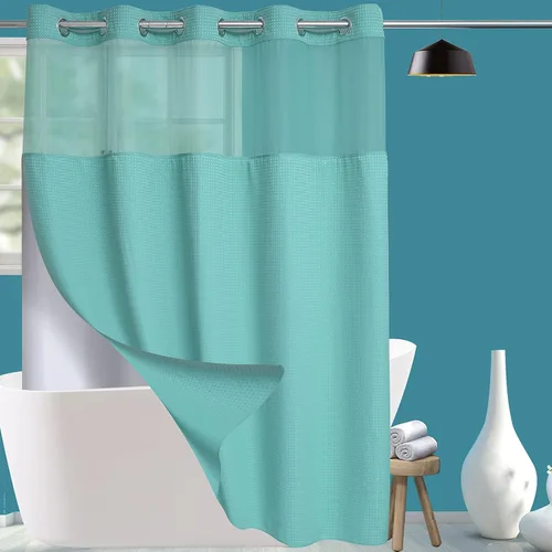 Miniatura 23 de Conbo Mio Cortina de ducha sin ganchos de tela de gofre con forro extraíble, lujosa para hotel, azul oscuro, para baño con ventana transparente