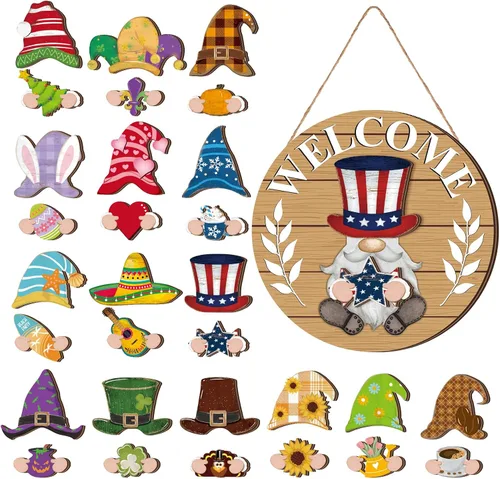 Miniatura 15 de Qunclay 31 piezas 3D de grano natural intercambiable de madera gnomo para puerta, decoraciones navideñas de gnomo con piezas magnéticas y sombreros