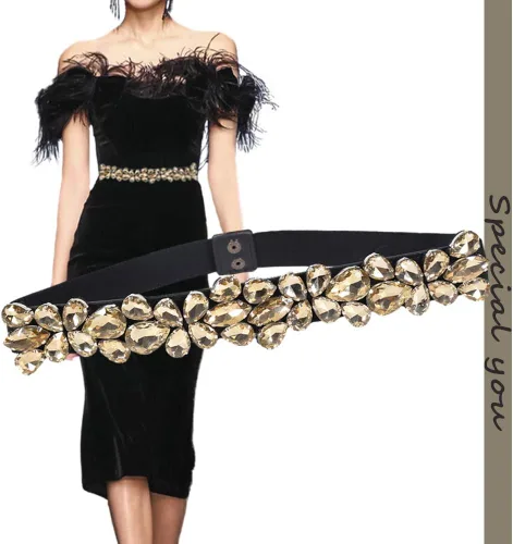 Miniatura 26 de Cinturón de diamantes de imitación para mujer, cinturones de vestir brillantes y delgados, cinturones de cintura elásticos para dama elegante