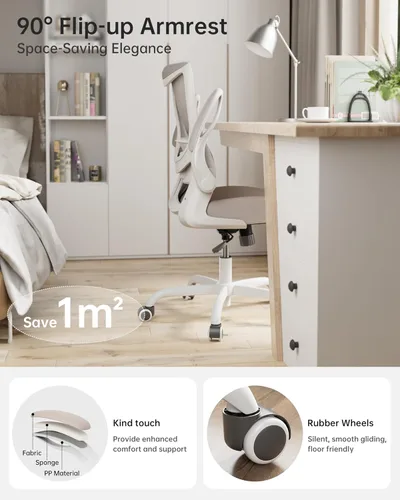 Miniatura 3 de MUXX.STIL Silla de oficina, silla de escritorio ergonómica con soporte lumbar ajustable y reposabrazos abatibles, silla de computadora de malla Caqui