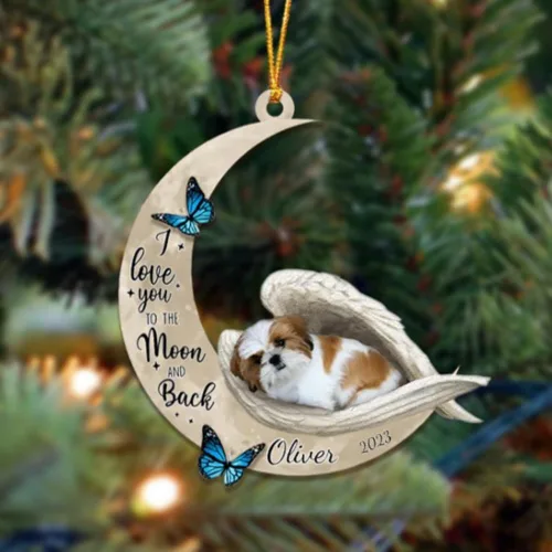 Miniatura 121 de Adorno colgante personalizado de ángel durmiendo en la luna, perro sabueso afgano, nombre personalizado, acrílico impreso en 2D plano – cumpleaños