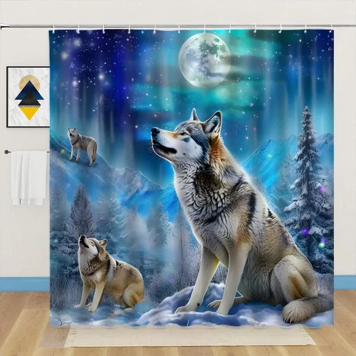 Miniatura 5 de Cortina de ducha con diseño de lobo, nieve, invierno, bosque, montaña, luna llena, vida silvestre, animales, decoración de baño, cortinas de tela
