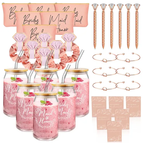 Miniatura 10 de Irenare Juego de 36 Piezas de Regalos de Propuesta de Dama de Honor Set de 6 ¿Serás Mi Dama de Honor? Taza de Vidrio de 16 oz Bolsas de Cosméticos