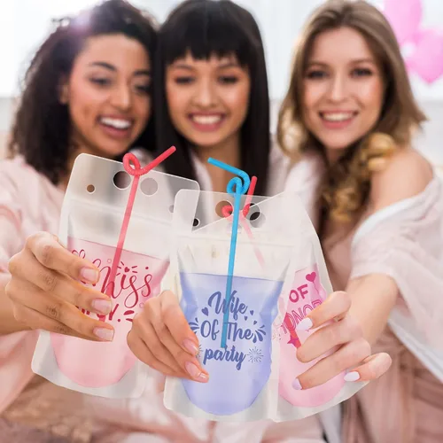 Miniatura 5 de Hoolerry 24 bolsas de bebidas para dama de honor con pajitas, bolsas de bebidas para adultos con alcohol de 17 onzas de mano, tazas traviesas
