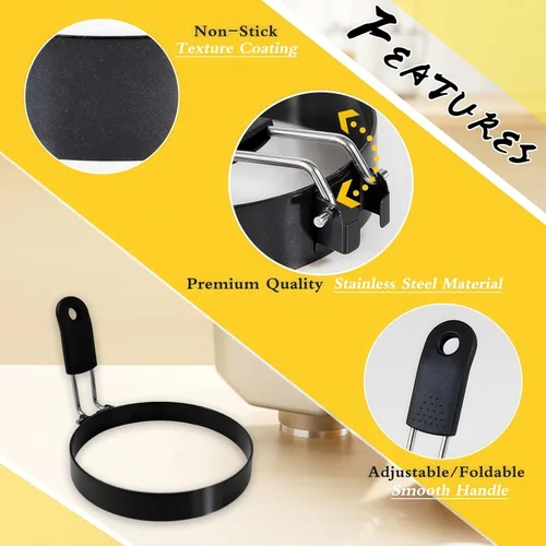Miniatura 3 de Anillos de huevo para freír huevos, 3.5 pulgadas de acero inoxidable, para panqueques ingleses, magdalenas, con mango de silicona