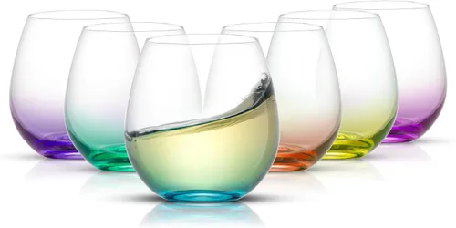 Juego de copas de vino sin tallo JoyJolt Hue, juego de 6 copas de vino sin tallo grandes de 15 oz para agua, vino blanco o tinto, vasos cortos,