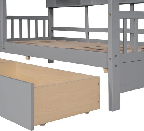 Miniatura 9 de MERITLINE Montessori - Cama de casa de tamaño individual con 2 cajones y estantes de almacenamiento, marco de cama de madera para niños, tienda