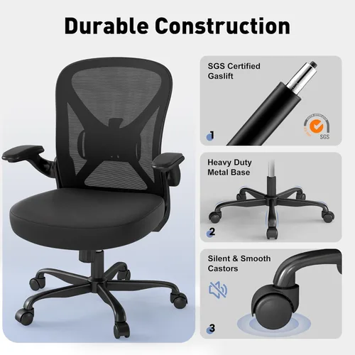 Miniatura 6 de ZZH Silla de oficina de malla con soporte lumbar ajustable y brazos abatibles, silla de escritorio ergonómica para oficina en casa con ruedas