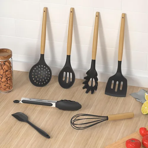 Miniatura 7 de oannao Juego de utensilios de cocina de silicona, resistente al calor, espátula, pinzas giratorias, cuchara, batidor, utensilios de cocina para Gris