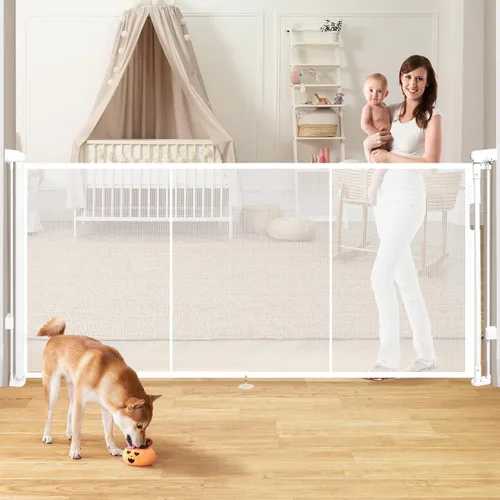 Puertas de bebé retráctiles para escaleras, Pravoluxmax puerta retráctil extra ancha de 78" con varillas de soporte para la casa, puerta de Blanco