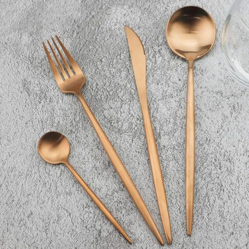 Miniatura 18 de Juego de cubiertos de oro mate, 5 piezas de acero inoxidable 18/10 con acabado satinado, servicio para 1, cuchara tenedor de cuchillo con pajitas