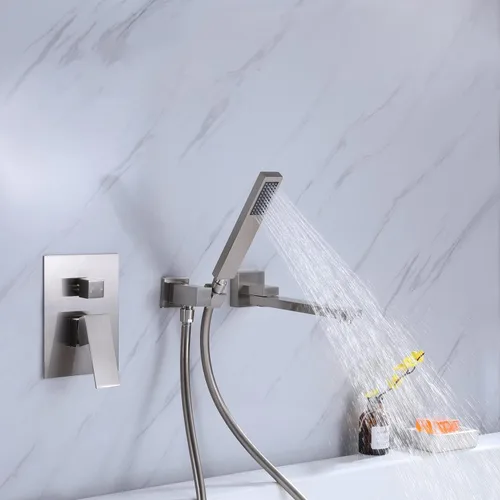 Miniatura 8 de Grifo de bañera montado en la pared con ducha de mano, grifo de ducha de baño de latón macizo de níquel cepillado con boquilla de agua giratoria