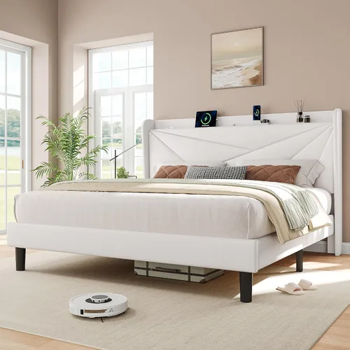 Miniatura 17 de iPormis Base de cama tamaño Queen con estación de carga, marco de cama de plataforma de lino con cabecera tapizada con respaldo de ala, soporte