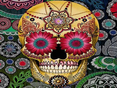 Miniatura 6 de Tapiz de calavera de azúcar, tema del Día de los Muertos, arte de pared bohemio con flores, decoración del hogar, tapices para dormitorio, sala