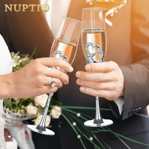 Miniatura 4 de Juego creativo de corazón con copas de champán de diamantes, copas de boda para novia y novio, juegos de regalo de tazas de brindis para parejas