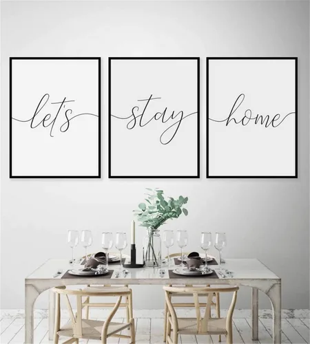 NATVVA Lienzo minimalista grande de 3 piezas con texto en inglés "Let's Stay Home", póster motivacional para pared, pintura artística con cita