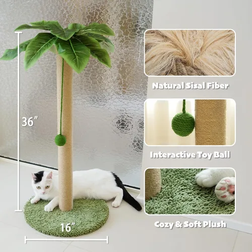 Miniatura 4 de PETKARAY Poste rascador para gatos con silla de playa para gatos, poste rascador de palmera de 36 pulgadas de alto, rascador de sisal grande