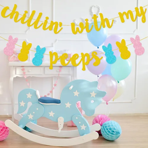 Miniatura 2 de Decoraciones de conejo de Pascua, pancarta de Chillin con mis píos, con purpurina dorada, huevo de Pascua, pollo, decoraciones de fiesta de feliz