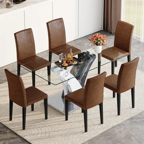 Miniatura 12 de AZmac Juego de mesa de comedor de cristal para 4, juego de mesa de comedor de 63 pulgadas para 4, mesa de cocina moderna y 4 sillas de comedor
