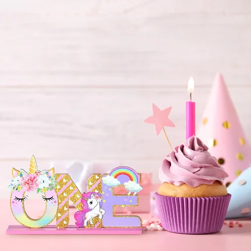 Miniatura 6 de Decoraciones de cumpleaños de unicornio, letrero de una letra de unicornio para el primer cumpleaños, centro de mesa de madera de una mesa