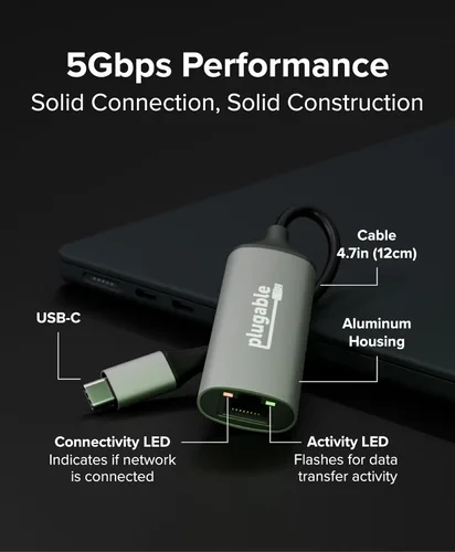 Miniatura 2 de Plugable Adaptador USB-C a Ethernet de 5 Gbps, actualiza dispositivos USB-C sin Ethernet a redes cableadas estables ultrarrápidas