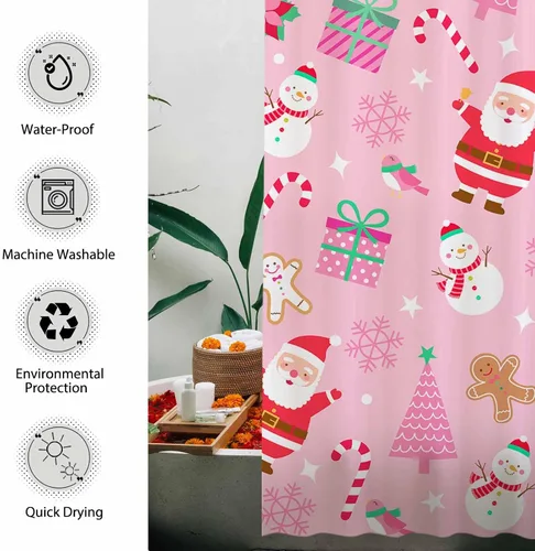 Miniatura 4 de Allenjoy Cortina de ducha de Navidad rosa de 72 x 72 pulgadas para niña, juego de baño de Feliz Navidad, invierno, Papá Noel, muñeco de nieve