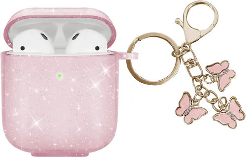 Miniatura 8 de Funda compatible con AirPods, funda de TPU suave para AirPods de 2 y 1 generación con bonito llavero de mariposa para niñas y mujeres