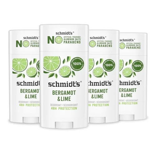Schmidt's Desodorante vegano sin aluminio, bergamota y lima, 4 unidades para mujeres y hombres, con protección contra olores las 24 horas,