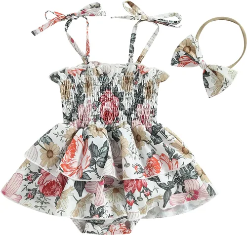 Miniatura 29 de Mameluco para bebés y niñas de 3, 6, 9, 12, 18 meses, enterizo de manga corta, fruncido, faldas y dobladillo, diadema