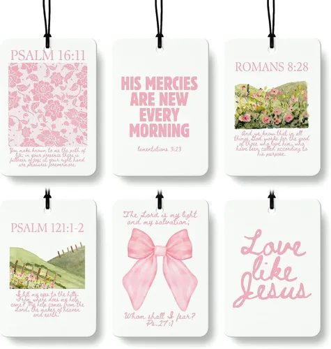 Ambientador cristiano rosa para automóvil, 6 piezas, flor de lazo rosa, versículo religioso de la Biblia, ambientador colgante para autos, armario,