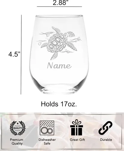 Miniatura 5 de C M Tortuga marina con nombre - Vaso de vino sin tallo personalizado de 17 oz. Regalo temático de tortuga marina personalizada para mujeres y hombres