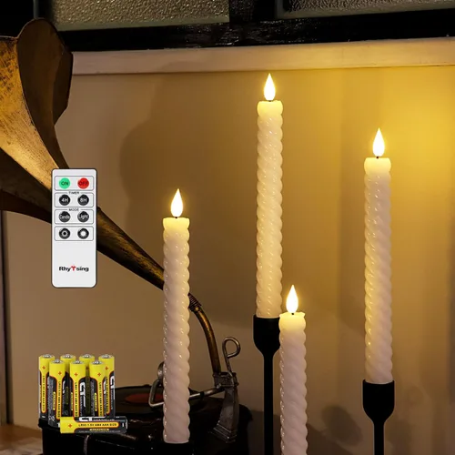 Rhytsing Velas cónicas sin llama blancas de 10 pulgadas con temporizador, velas cónicas en espiral que funcionan con baterías, luz blanca cálida,
