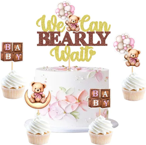 Miniatura 8 de 24 piezas de decoración para cupcakes con temática de "We Can Bearly Wait" Oso de globos brillantes, decoración temática de revelación de género