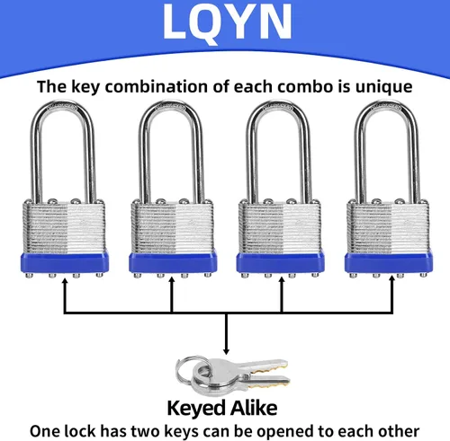 Miniatura 3 de Candados con la misma llave, LQYN 24 candados laminados con llave (1-9/16 pulgadas, 1.575 in), cerraduras con llave igual, grillete largo