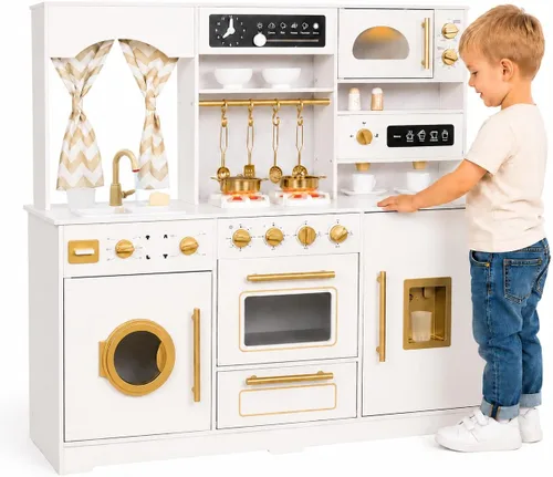 Miniatura 2 de Juego de Cocina de Juguete de Madera con Máquina de Hielo, Dispensador de Agua, Cafetera, Gran Juego de Cocina de Juguete para Niños Pequeños